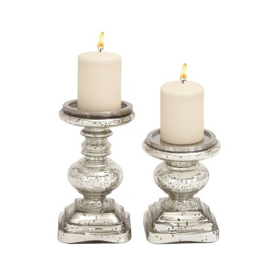 Elegant Silver Mercury Glass Pillar Candle Holder Set, 9" & 7"H