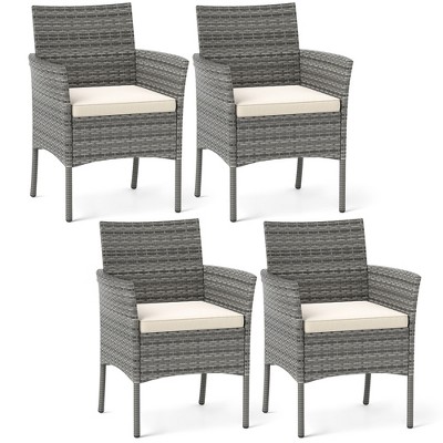 Tangkula Outdoor PE Wicker Chairs Set of 4 Patio Dining Armchairs w/ Padded Cushions