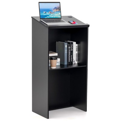 Tangkula Podium Stand 46" Hostess Stand for Speakers w/ Storage Shelf & Cable Holes