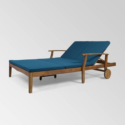 Samantha Double Chaise Lounge with Blue Cushions and Acacia Wood Frame