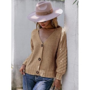 Plus Size Women's Chunky Knit Open Front Sweater Long Sleeve Button Loose Short Cardigan Outerwear Coats - 1 of 1