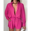 Women's  2 Piece sets  Button Down Shirt Long Sleeve Short Drawstring  Outfits - 2 of 4