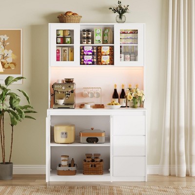 Kitchen Pantry Cabinet with LED Lights and Charging Station