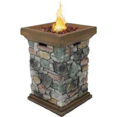 Sunnydaze Outdoor Cast Rock Design Propane Gas Fire Pit Column for Outside Patio & Deck with Lava Rocks, Waterproof Cover and Steel Burner - 30"