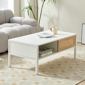 Rattan Coffee Table, Mid Century Modern Coffee Table with Sliding Door, Modern Rectangular Coffee Table with Metal Legs, 40.1 Inch Center Table - 1 of 4