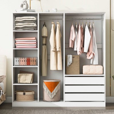LOVMOR Doorless Wooden Storage Wardrobe with Shelves, 3 Drawers & Double Hanging Rods for Bedroom, Home Room