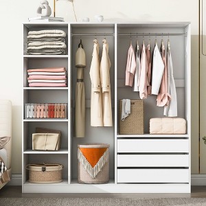 LOVMOR Doorless Wooden Storage Wardrobe with Shelves, 3 Drawers & Double Hanging Rods for Bedroom, Home Room - 1 of 4