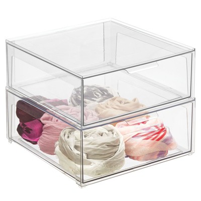 mDesign Plastic Stacking Closet Storage Organizer Bin with Drawer, 2 Pack, Clear
