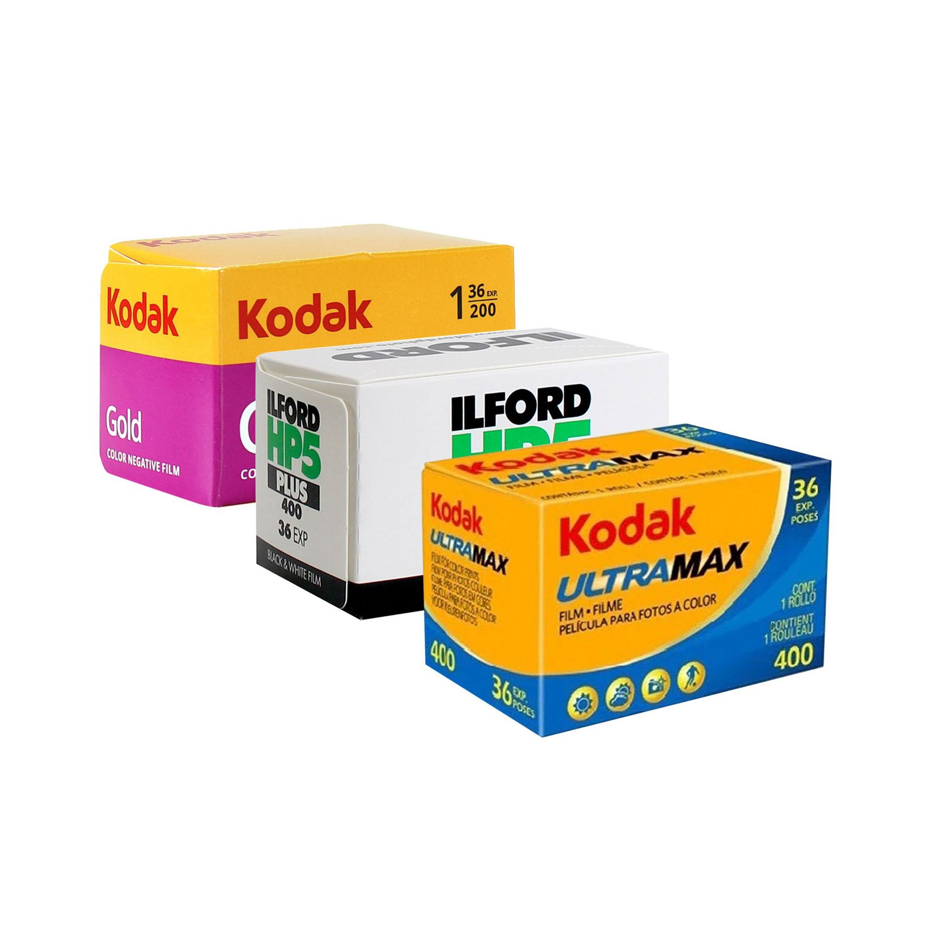 Kodak Ultramax 400 35mm Film, 36 Exposures with Kodak GOLD 200 Color Negative Film 35mm (36 Exp) and Ilford HP5 Plus B&W Negative Film (36 Exp)