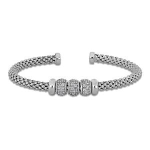 EVERLY JEWELRY | Sterling Silver 0.54 CT TGW 3x rondelles White Cubic Zirconia 4mm Round Popcorn Design Bangle - 1 of 4