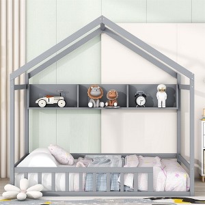 House Floor Bed, Wooden Playhouse Bed Frame With Fence And Roof, Storage Shelves, No Box Spring Required - 1 of 4