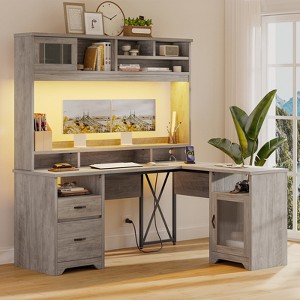Bestier 63" Hutch L Shaped Desk with Monitor Stand & Drawers, LED Computer Desk with Charging Station & Cabinet, Executive Desk for Home Office - 1 of 4