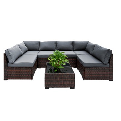 FIONECA 6-Piece Patio Furniture Set ¨C PE Wicker Barrel-Style Sofa with Gray Cushions