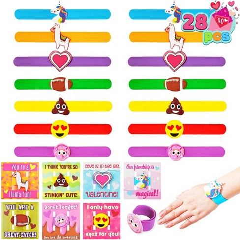 JOYIN 100 PCs Slap Band Slap Bracelets Party Bag Fillers for Kids (24  Designs) with Colorful Hearts Animal Emoji Valentine's Prints Party Favours  Pack