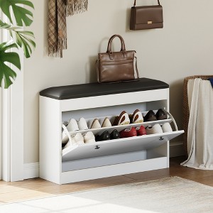 31.5 '' Modern White Shoe Storage Bench with Flip Drawer & PU Cushion, Space Saving Entryway Bench with Shoe Storage for Apartments,Dorms,Mudrooms - 1 of 4