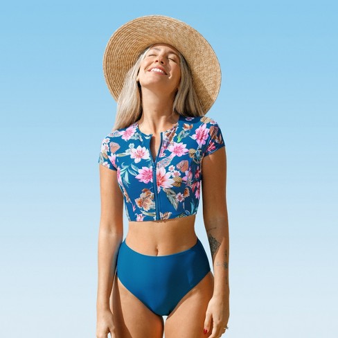 Women's Short Sleeve High Neck Zipper Front Bikini Sets Swimsuit -  Cupshe-xl-blue : Target