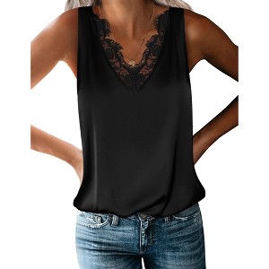 Zeagoo Women's Silk Satin Tank Tops Lace Trim V Neck Casual Sleeveless Blouses - 1 of 4