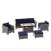 Sonkuki 6 Pieces Patio Sofa with Rectangle Fire Pit Table and Ottomans, Wicker Conversation Couch, Navy Blue Cushion - 2 of 4