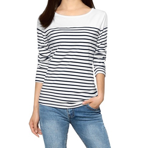 Allegra K Women's Color Block Long Sleeves Striped Basic T-shirt : Target