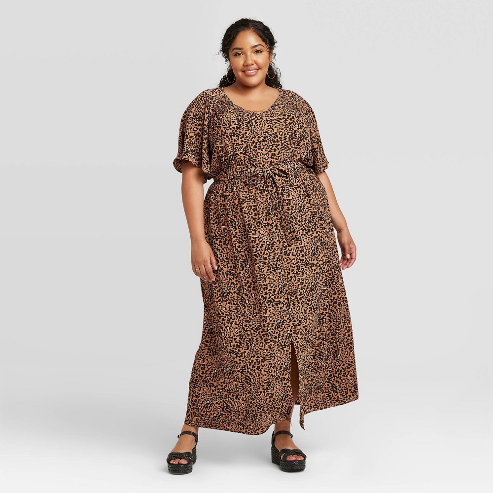 Women's Plus Size Leopard Print Flutter Elbow Sleeve Dress - Ava & Viv Brown 4X