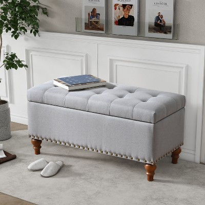 Hrinhom 36.6"W Linen Storage Bench, Wooden Leg Footstool,Ottoman With Rivet Trim