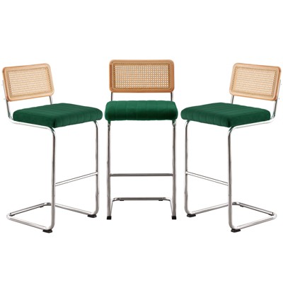 Bekrvio Bar Stools Set of 2/3/4, 26”/30" Barstool with Rattan Back, Velvet-Upholstered & Chrome Frame,Mid Century Modern Kitchen Stool for Island