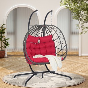 Double Patio Swing Egg Chair With Stand,Wicker Hanging Basket Chair With UV Resistant Cushions,Hammock Chair -Maison Boucle - 1 of 4