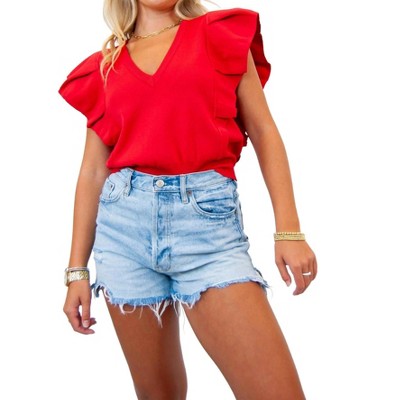Women's Pleated Cap Sleeve Ruffle Sweater - Strut & Bolt