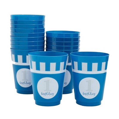 Blue Panda 16 Packs Plastic 16 oz Party Cups 1st Birthday Reusable Tumblers for Boys Kids Birthday, Blue