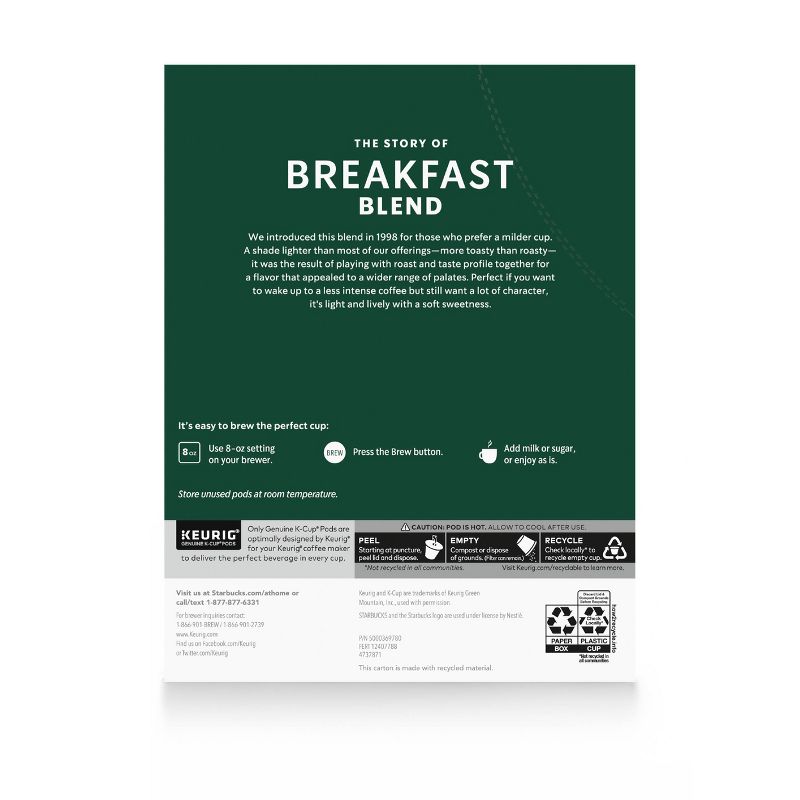 Starbucks Medium Roast K-Cup Coffee Pods &#8212; Breakfast Blend for Keurig Brewers &#8212; 1 box (32 pods), 6 of 8