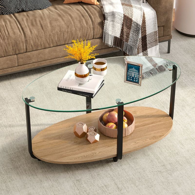 Costway Glass-Top Coffee Table 2-Tier Modern Oval Side Sofa Table w/ Storage Shelf, 4 of 13