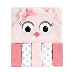 Hudson Baby Infant Girl Hooded Towel and Five Washcloths, Pink Owls, One Size - 1 of 2