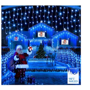 Itopfox 98ft 960 LED Waterproof Outdoor Ice Lights 8 Modes Memory Timer Plug in Curtain String Lights Blue 1 Pack for Holiday Home - 1 of 4