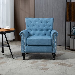 Mid-Century Modern Accent Chair, Linen Armchair w/Tufted Back/Wood Legs, Upholstered Lounge Arm Chair Single Sofa - 1 of 4