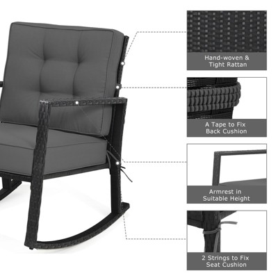 Gray Iron Frame Rocking Armchair with Cushions, Set of 2