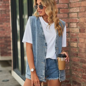 Women's Casual Denim Jean Vest Oversized Sleeveless Mid Long Button Down Jeans Jackets Vests Tops Waistcoat - 1 of 4