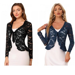 Allegra K Women's Tie Front Ruffled Hem Floral Lace Sheer Crop Bolero Shrug 2 Packs - 1 of 4