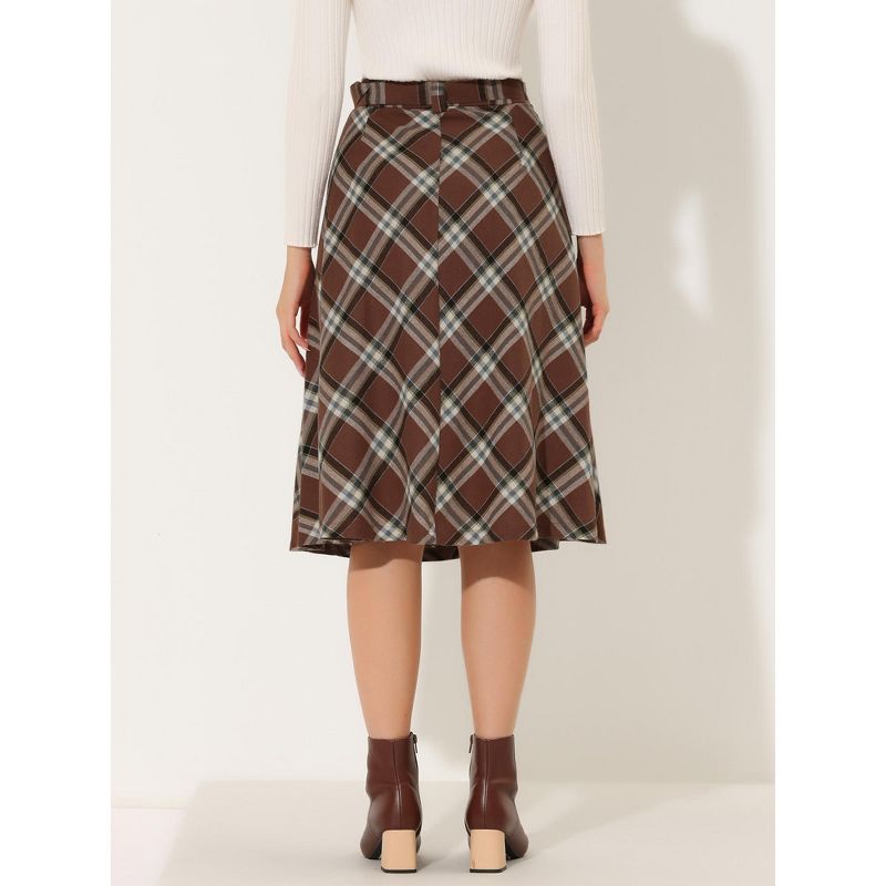 Allegra K Women's Tartan Plaid High Waist Belted Vintage A-Line Midi Skirt, 4 of 7