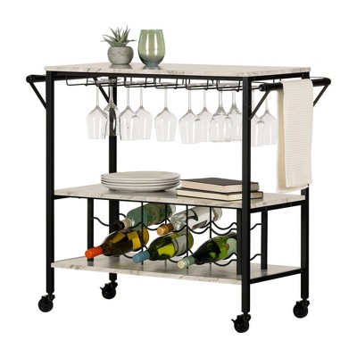 Black Faux Marble Rectangular Bar Cart with Wine Rack