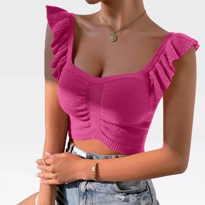 Womens Cropped Knit Tube Tops with Sweetheart Neckline and Cap Sleeves Ribbed Sweater Style