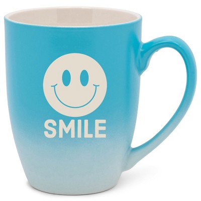 100 North Smiley Face 10 Ounce Blue and White Two Toned Ombre, Comfortably Fits Your Hands, Ceramic Tea Coffee Cup Mug, Smile