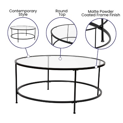 38" Round Glass Coffee Table with Matte Black Metal Base