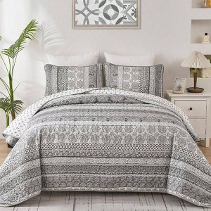 Boho Quilt Set Queen Size, Grey Bohemian 3 Pieces, Lightweight Bedspread for All Seasons - 1 of 4