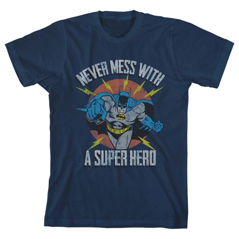 Batman Never Mess With A Superhero Youth Navy Blue Graphic Tee, 1 of 3