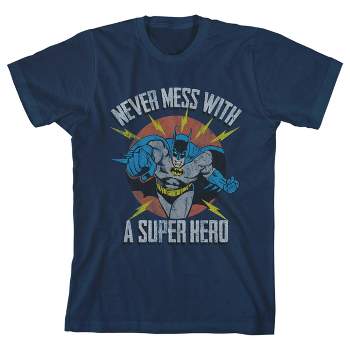 Batman Never Mess With A Superhero Youth Navy Blue Graphic Tee