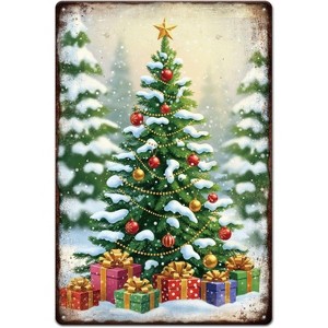 Lomsoe Christmas Christmas Tree Metal Tin Sign 8x12in Winter Snow Tin Sign Christmas Ball Gifts Wall Poster Plaque Christmas Gift - 1 of 4