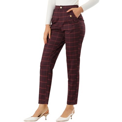 Allegra K Women's Vintage Tartan Plaid Elastic Waist Straight Long Trousers  Burgundy X-large : Target