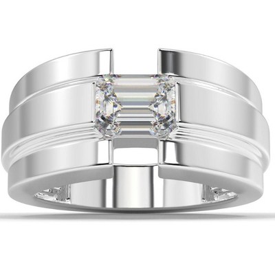 Pompeii3 2 Ct Emerald Cut Moissanite Solitaire 12mm Men's Ring White Yellow or Rose Gold
