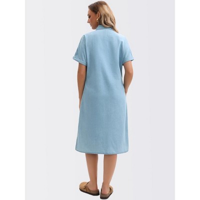 Женские платья INSPIRE CHIC Women's Midi Denim Summer Short Sleeve Button Down Casual Long Tunic Jean Shirt Dress 2 Packs Light Blue/White X-Large — фото 2