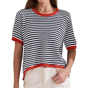 INSPIRE CHIC Women's Summer Striped Knitted Short Sleeve Trendy Loose Fit Pullover T-Shirt - 1 of 4